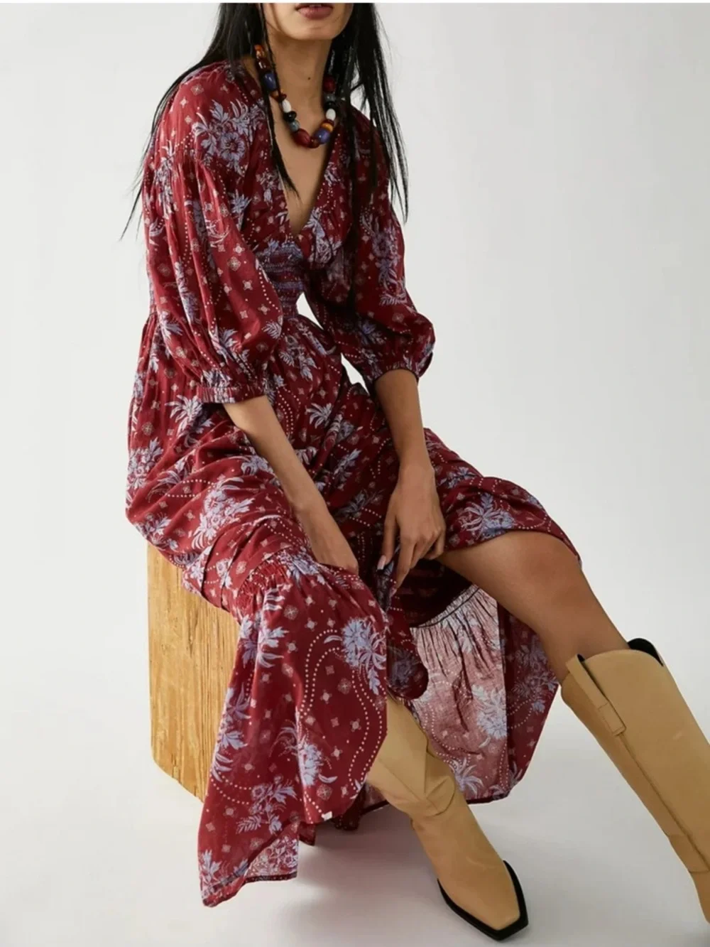 Free People Burgundy Floral Maxi Dress - Picture 2 of 3